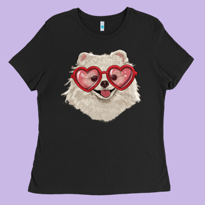 Ladies Tee white pomeranian with love glasses