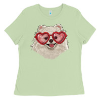 Matcha white pomeranian with love glasses Ladies Tee - RanaPortraitStore
