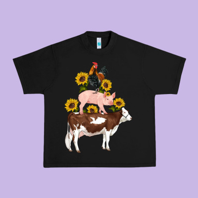 Western Farm Life Cow Pig Rooster With Sunflowers Urban Heavy Tee Designed By Artiststas