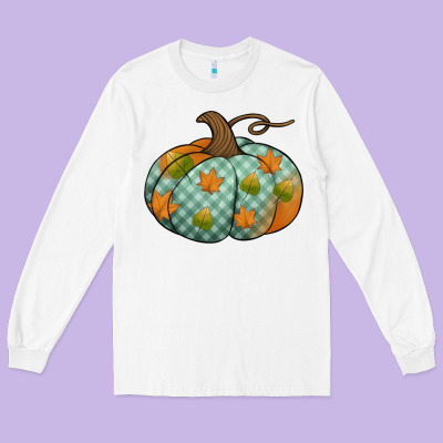 Blue Plaid Autumn Pumpkin Long Sleeve Tee Designed By Jasminsmagicworld
