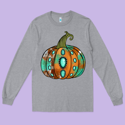Western Cowhide Turquoise Pumpkin Long Sleeve Tee Designed By Jasminsmagicworld