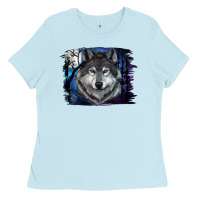 Baby Blue Wolf And Full Moon Ladies Tee - RanaPortraitStore