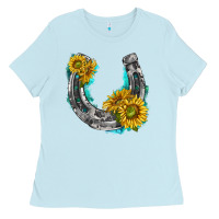 Baby Blue horseshoe cowhide and sunflowers Ladies Tee - texasbilliewilder