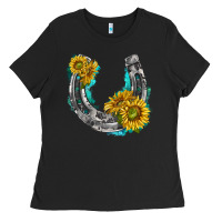 Black horseshoe cowhide and sunflowers Ladies Tee - texasbilliewilder