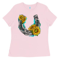 Bubblegum Pink horseshoe cowhide and sunflowers Ladies Tee - texasbilliewilder