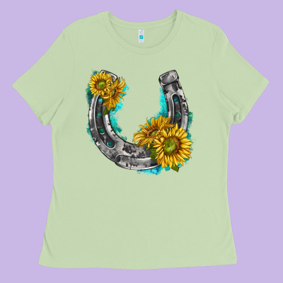 Horseshoe Cowhide And Sunflowers Ladies Tee Designed By Texasbilliewilder