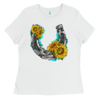 White horseshoe cowhide and sunflowers Ladies Tee - texasbilliewilder