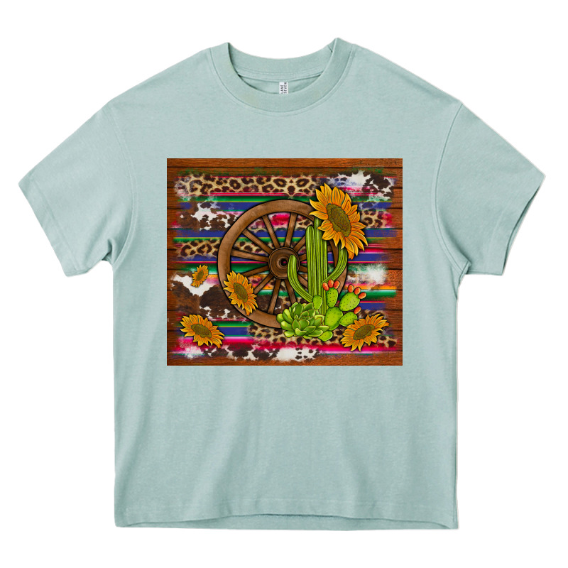 Cactus And Sunflowers With Old Wheel Serape Leopard Cowhide Background Heavy Core Tee by Artiststas | Teevron