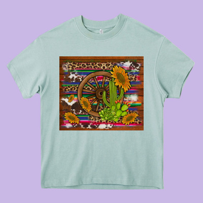 Cactus And Sunflowers With Old Wheel Serape Leopard Cowhide Background Heavy Core Tee Designed By Artiststas