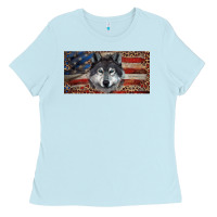 Baby Blue Wolf with american flag and leopard Ladies Tee - RanaPortraitStore