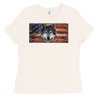 Bone Wolf with american flag and leopard Ladies Tee - RanaPortraitStore