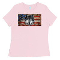 Bubblegum Pink Wolf with american flag and leopard Ladies Tee - RanaPortraitStore