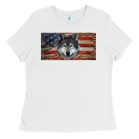 White Wolf with american flag and leopard Ladies Tee - RanaPortraitStore