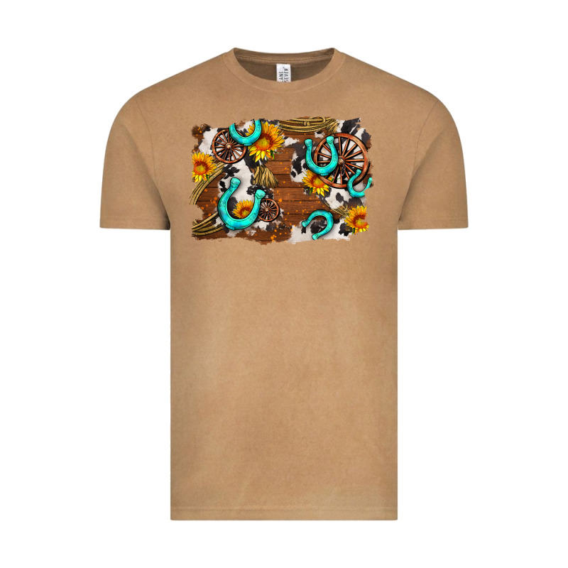 Western Cowhide Horseshoe Sunflower Background Vintage Tee by AdoDesignShop | Teevron
