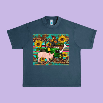 Western Farm Tractor Pig Rooster Cow Sunflowers Urban Heavy Tee Designed By Artiststas