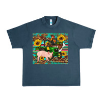 Midnight Navy western farm tractor pig rooster cow sunflowers Urban Heavy Tee - Artiststas