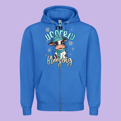 I'm Udderly Freezing Baby Cow Zipper Hoodie Designed By Maliassmallbusiness