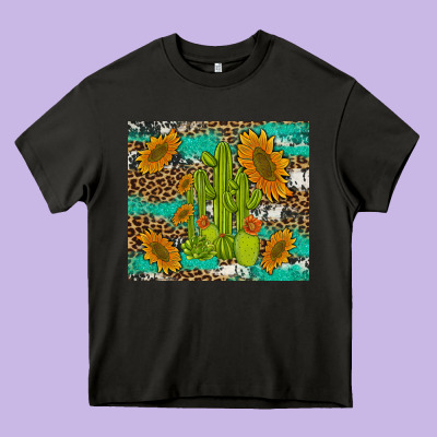 Cactus And Sunflowers Turquoise Leopard Cowhide Heavy Core Tee Designed By Artiststas