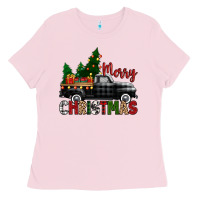 Bubblegum Pink merry christmas with black truck Ladies Tee - Zillion Design Studio
