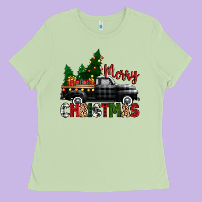 Merry Christmas With Black Truck Ladies Tee Designed By Zillion Design Studio
