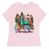 Bubblegum Pink camping is my happy place Ladies Tee - RanaPortraitStore