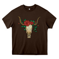Chocolate Brown bull skull with roses Heavy Core Tee - Artiststas
