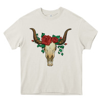 Cream bull skull with roses Heavy Core Tee - Artiststas