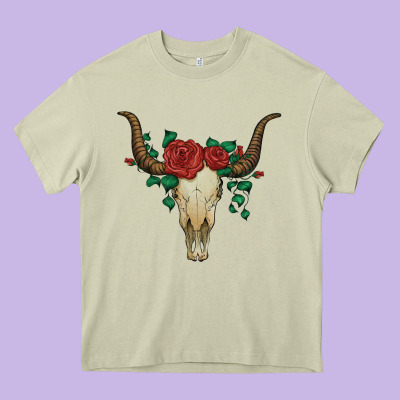 Bull Skull With Roses Heavy Core Tee Designed By Artiststas