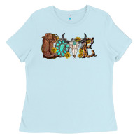 Baby Blue western love bull skull with gemstone and sunflowe Ladies Tee - texasbilliewilder