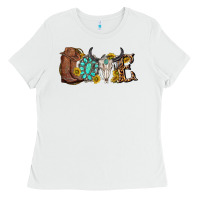 White western love bull skull with gemstone and sunflowe Ladies Tee - texasbilliewilder