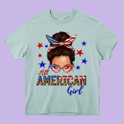 All American Girl Messy Bun Heavy Core Tee Designed By Texasbilliewilder