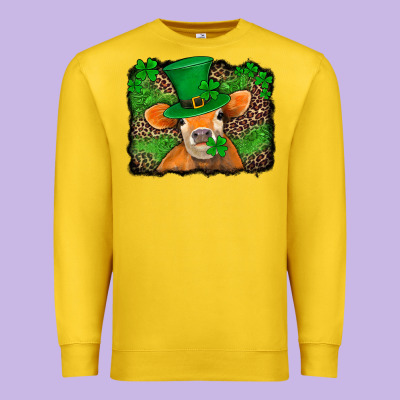 St Patricks Orange Cow With Leopard Background Premium Sweatshirt Designed By Jasminsmagicworld