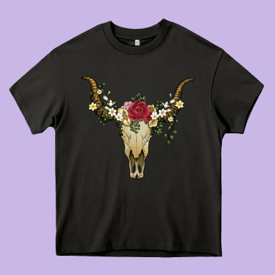 Bull Skull With Rose And Flowers Heavy Core Tee Designed By Artiststas