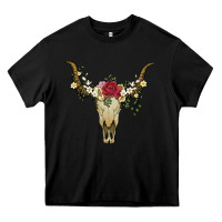 Black bull skull with rose and flowers Heavy Core Tee - Artiststas