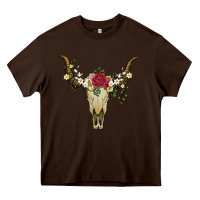 Chocolate Brown bull skull with rose and flowers Heavy Core Tee - Artiststas