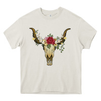 Cream bull skull with rose and flowers Heavy Core Tee - Artiststas
