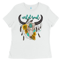 White wild soul boho bull skull Ladies Tee - texasbilliewilder