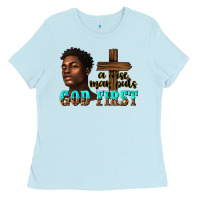 Baby Blue a wise man puts god first Ladies Tee - texasbilliewilder