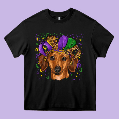 Heavy Core Tee mardi gras hat dachshund