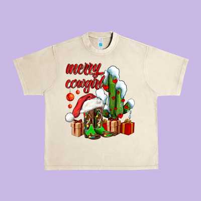 Merry Cowgirl  Boots And Cactus With Gifts Urban Heavy Tee Designed By Adodesignshop