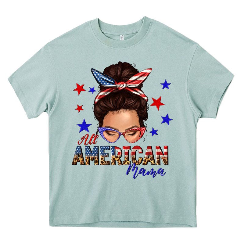 All American Mama Messy Bun Heavy Core Tee by texasbilliewilder | Teevron