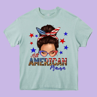 All American Mama Messy Bun Heavy Core Tee Designed By Texasbilliewilder