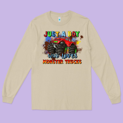 Just A Boy Who Loves Monster Trucks Long Sleeve Tee Designed By Jahusdesignshop