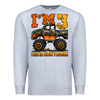 Heather Grey i'm three this is how i roll monster truck birthday Premium Sweatshirt - Jasminsmagicworld