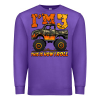 Purple i'm three this is how i roll monster truck birthday Premium Sweatshirt - Jasminsmagicworld