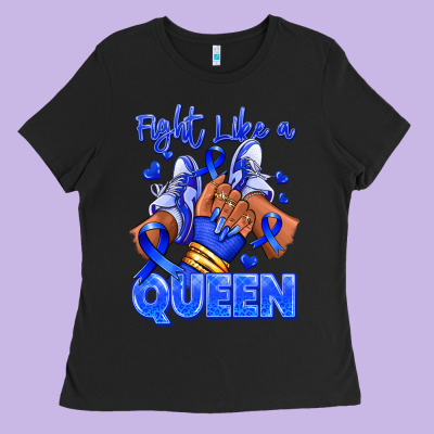 Ladies Tee fight like a queen navy blue colon cancer afro gir