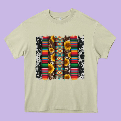 Cowhıde Aztec Serape Wıth Leopard And Sunflowers Brushstroke Heavy Core Tee Designed By Artiststas