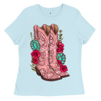 Baby Blue floral cowgirl boots Ladies Tee - texasbilliewilder