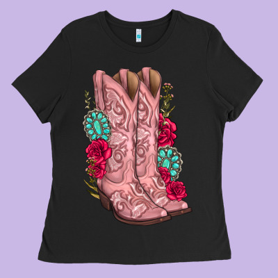 Floral Cowgirl Boots Ladies Tee Designed By Texasbilliewilder