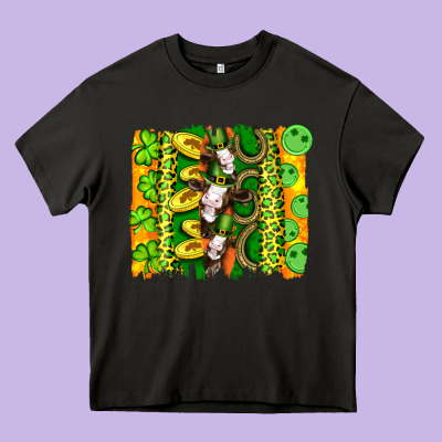 St Patricks Cow And Coin Wıth Clovers And Leopard Brushstrokes Heavy Core Tee Designed By Artiststas